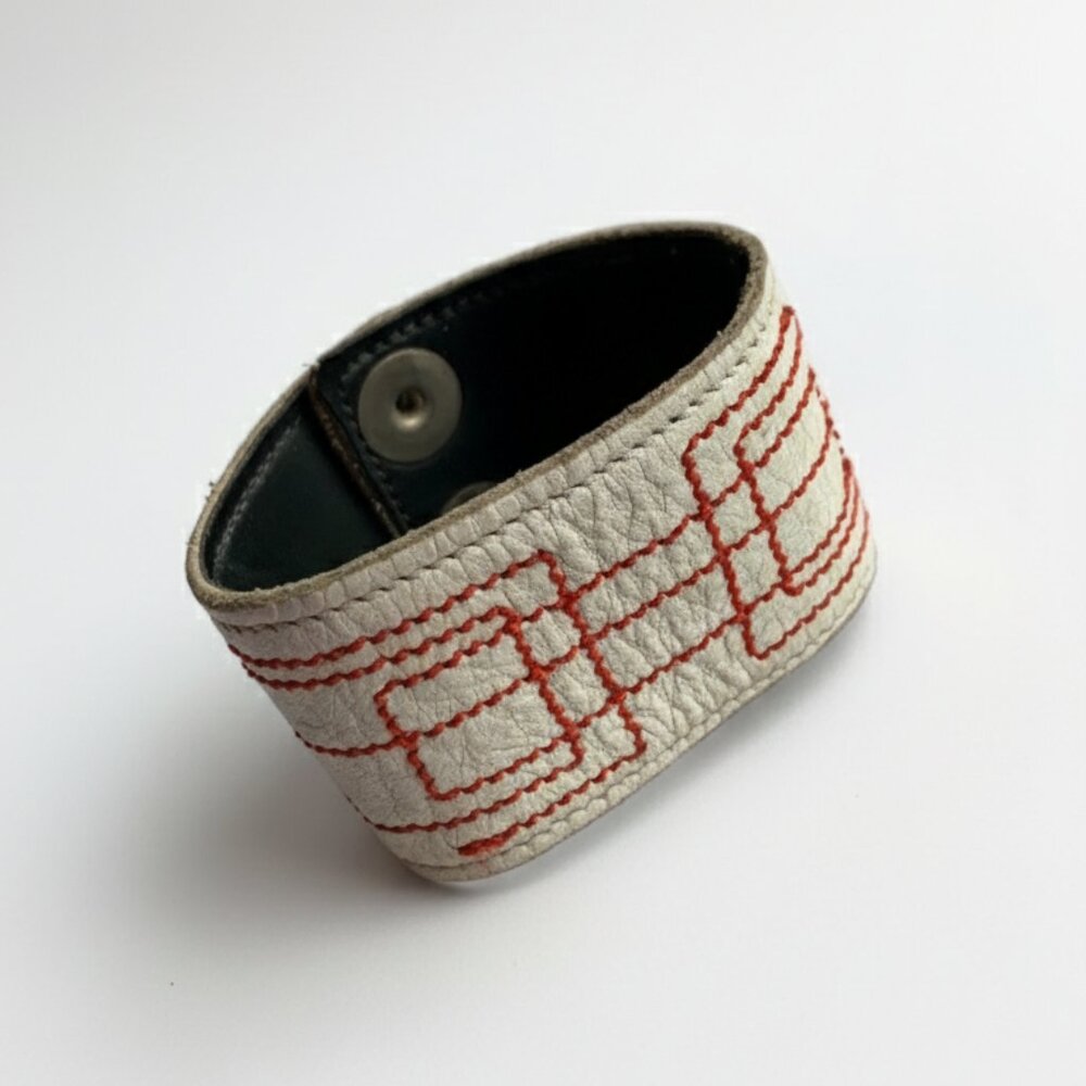 White Leather Cuff Bracelet with Red Stitching